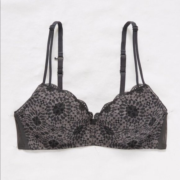 Aerie Real Happy Wireless Push Up Bra | Charcoal and Black Lace | 36B - Picture 1 of 5